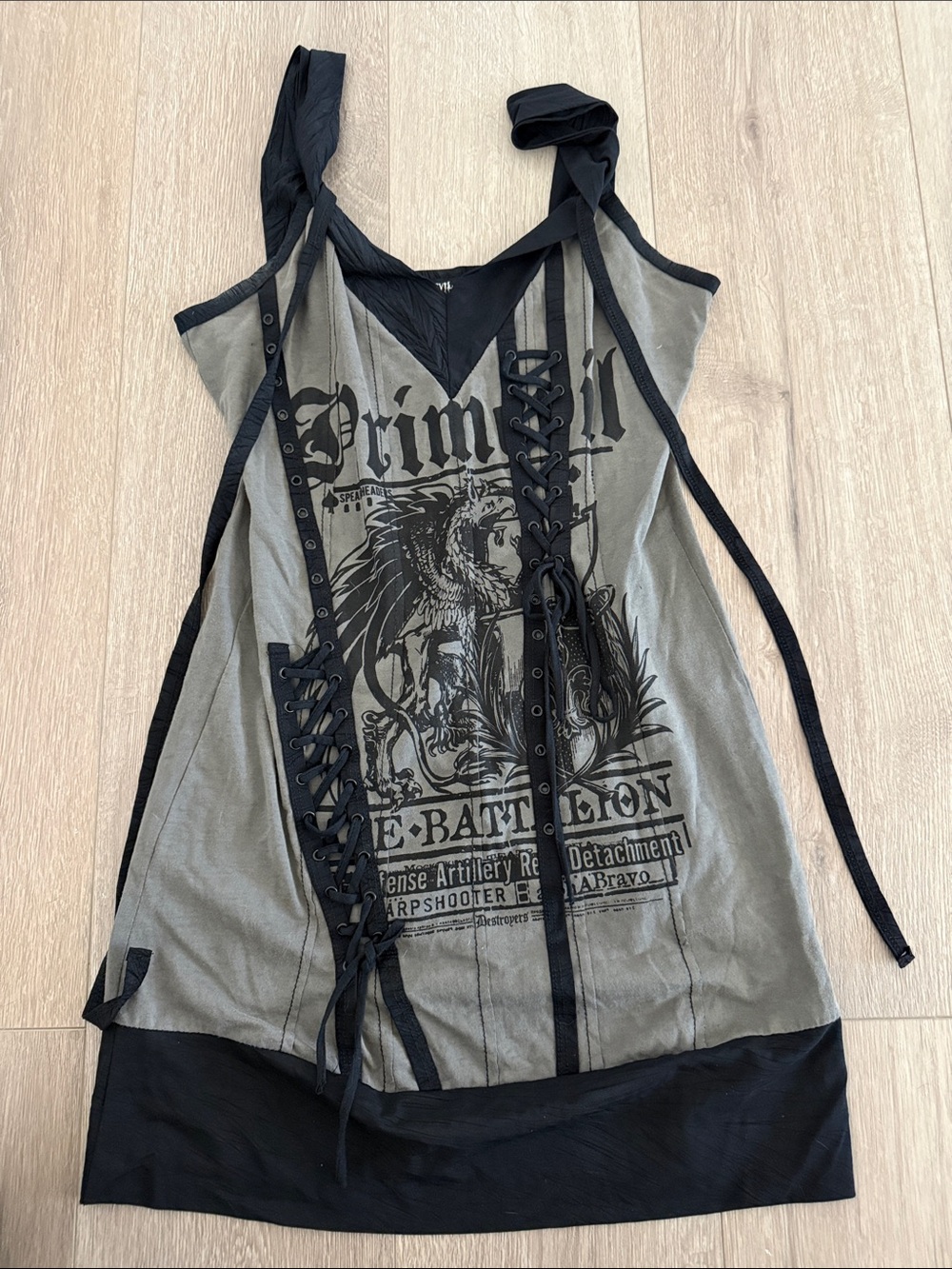 Sleeveless Graphic Lace-Up Tank Dress - Olive & Black